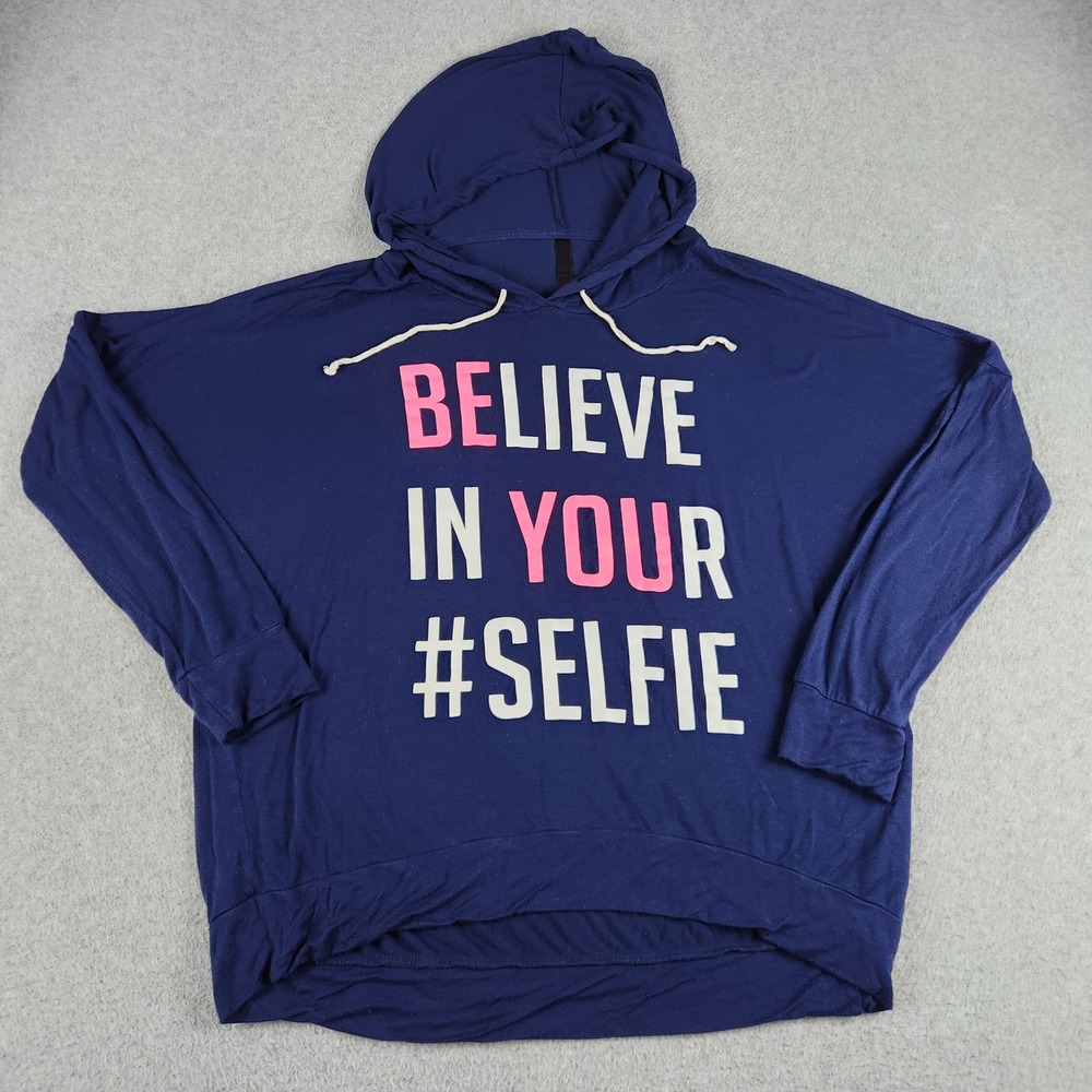 Electric Pink Hoodie Womens L Navy Believe In Your Selfie Graphic High-Low Hem
